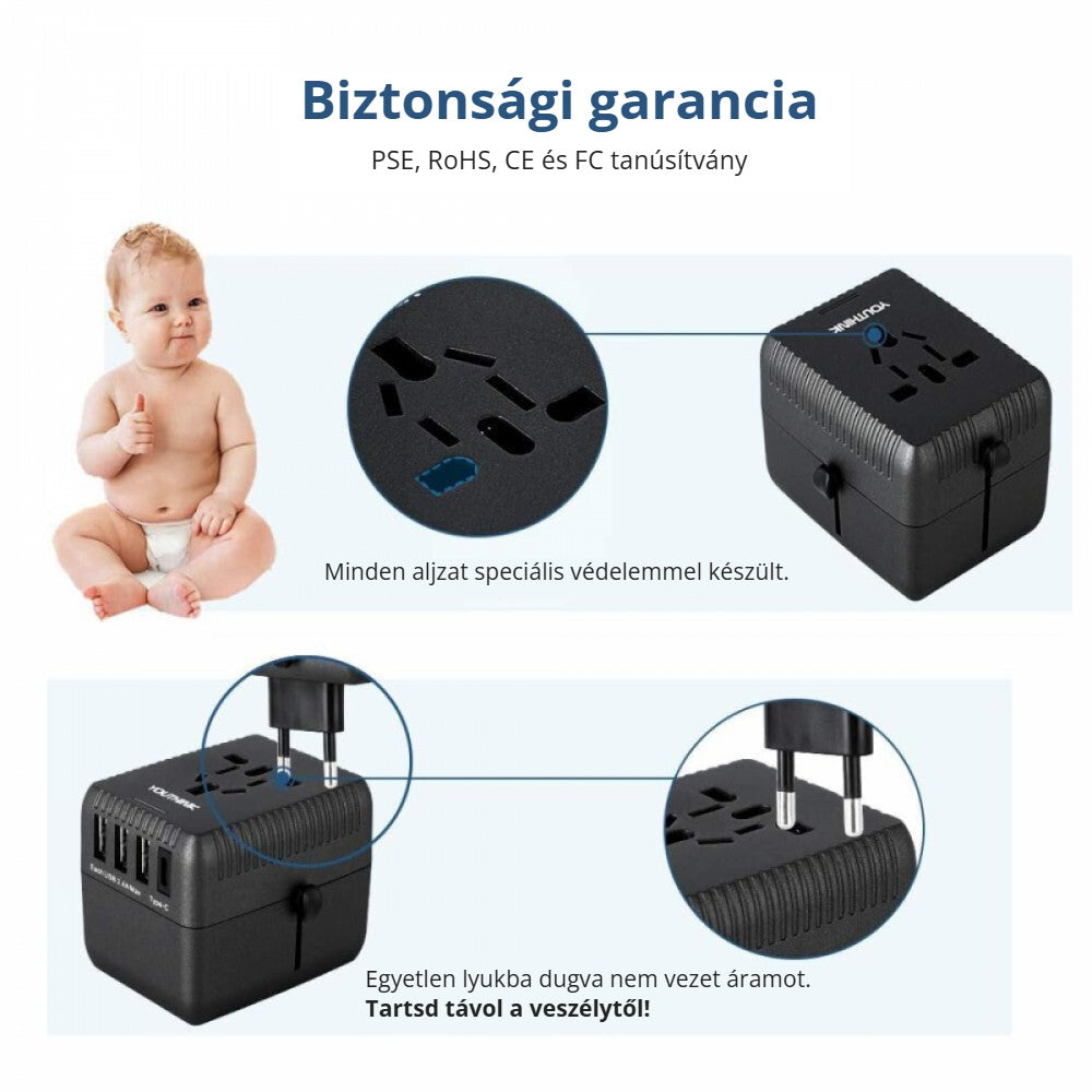 Amoner univerzális utazó adapter – biztonsági garancia, védett aljzatok