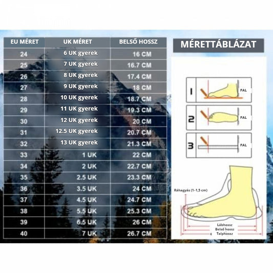 Ashion gyerek túracipő – mérettáblázat