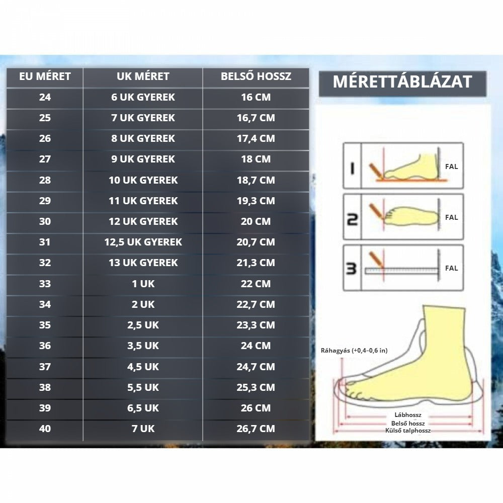 Ashion gyerek túracipő mérettáblázat