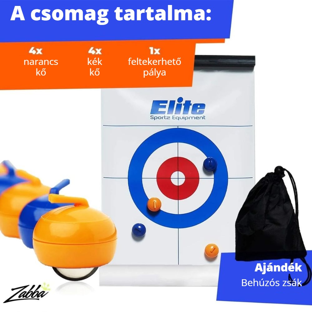 Asztali curling csomag tartalma: 4 narancs kő, 4 kék kő, feltekerhető pálya, ajándék zsák