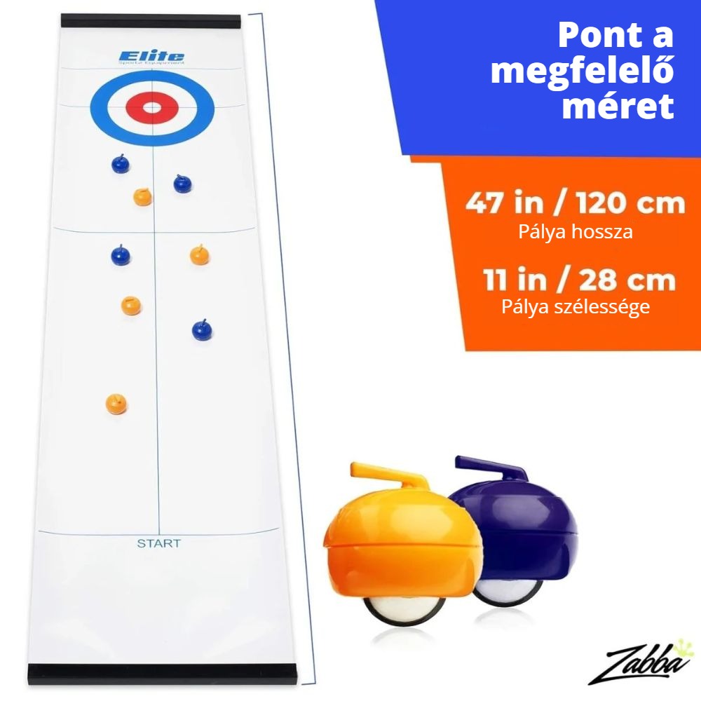 Asztali curling pálya mérete: 120 cm hosszú, 28 cm széles
