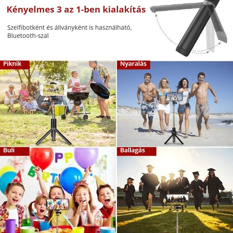 3 az 1-ben Bluetooth szelfibot és állvány – piknikre, nyaralásra, bulira