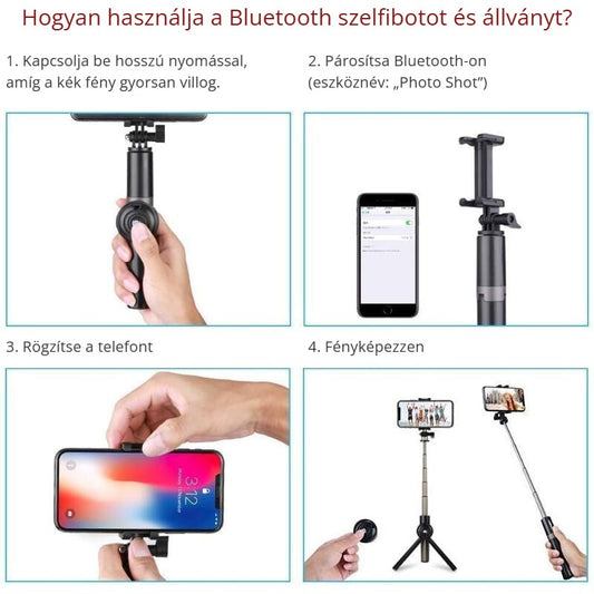 Bluetooth szelfibot állvánnyal – használati útmutató lépésről lépésre