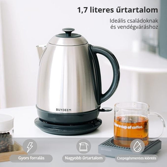 Buydeem 1,7 literes elektromos vízforraló – gyors forralás, csepegésmentes kiöntés