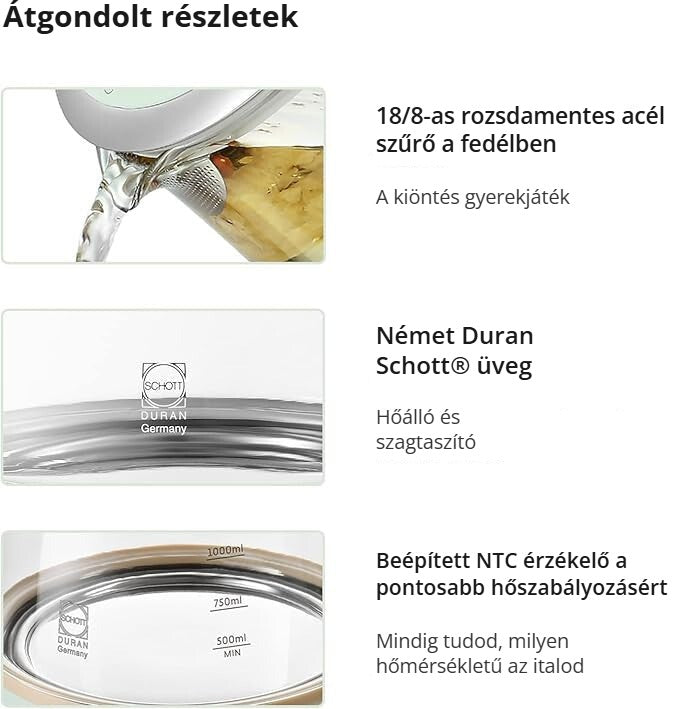 Buydeem vízforraló átgondolt részletei – szűrő, Schott üveg, NTC érzékelő