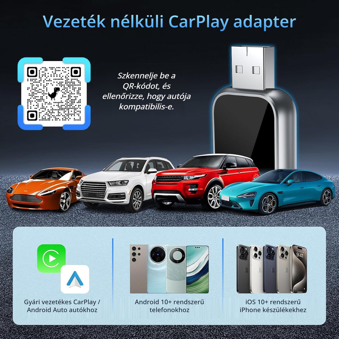 Vezeték nélküli CarPlay adapter – kompatibilitás ellenőrzése QR-kóddal