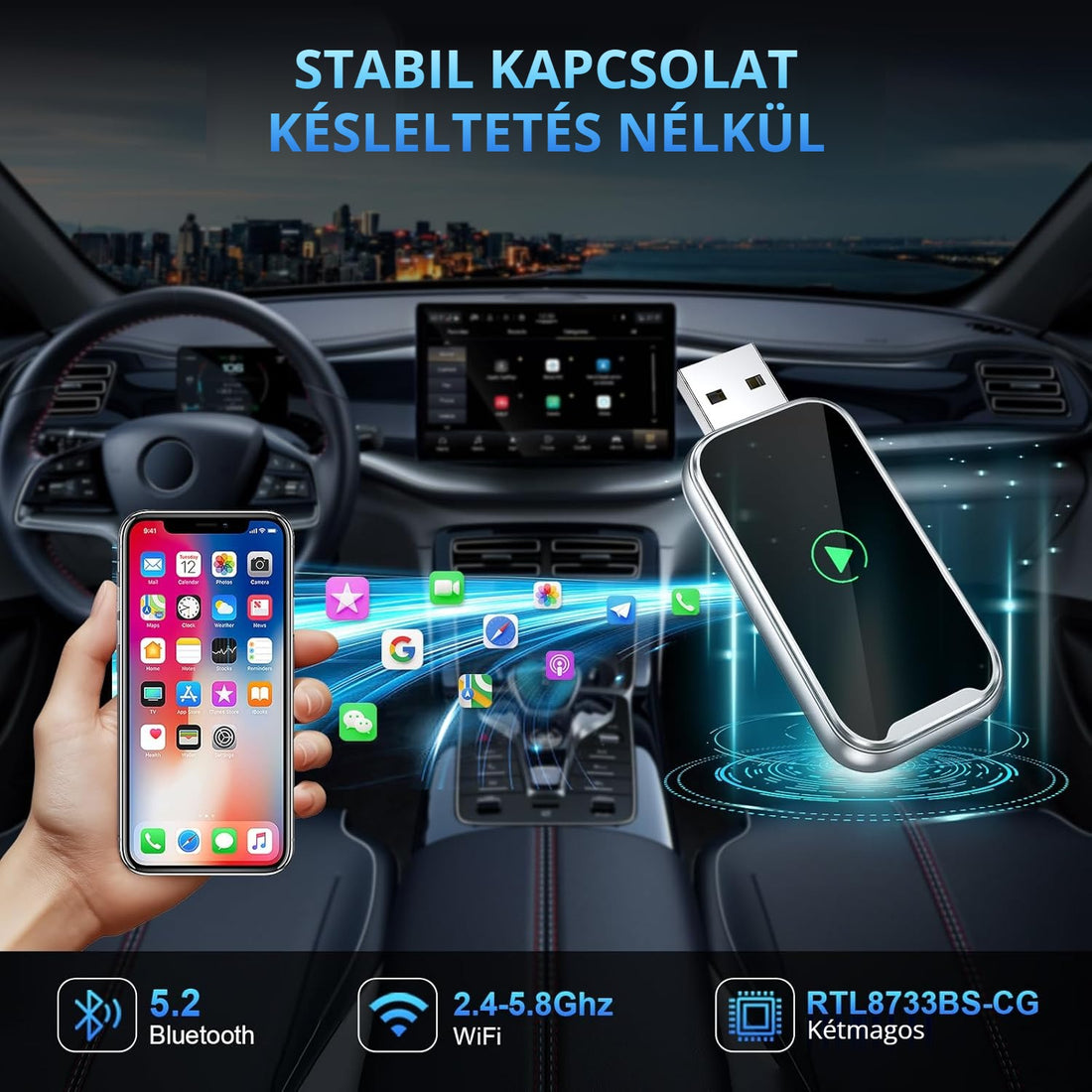 CarPlay adapter – stabil kapcsolat késleltetés nélkül, Bluetooth 5.2