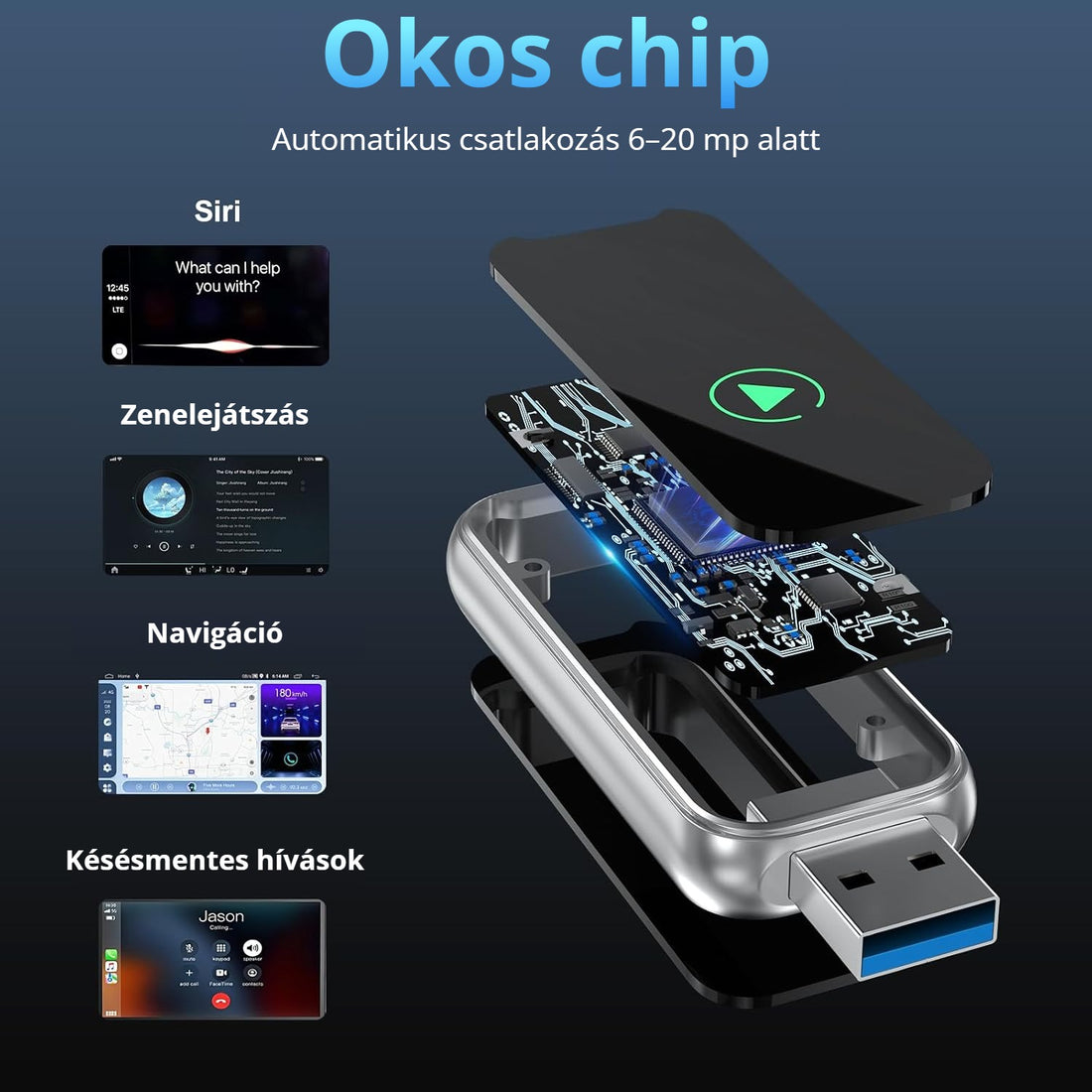 CarPlay adapter okos chippel – automatikus csatlakozás, Siri, zene, navigáció