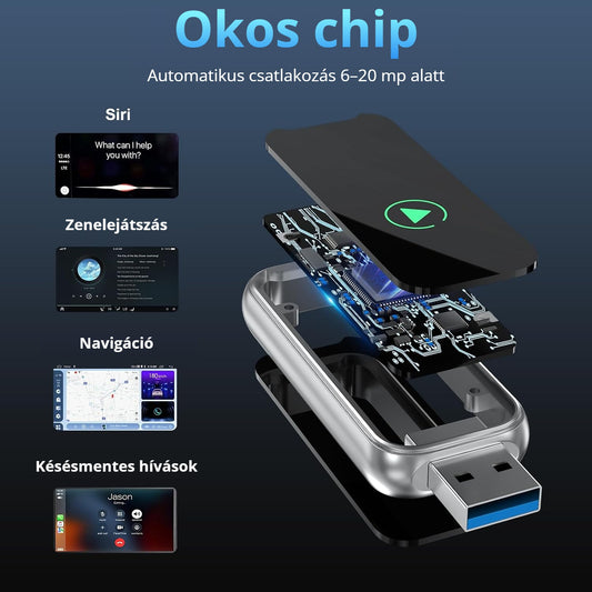 CarPlay adapter okos chippel – automatikus csatlakozás, Siri, zene, navigáció