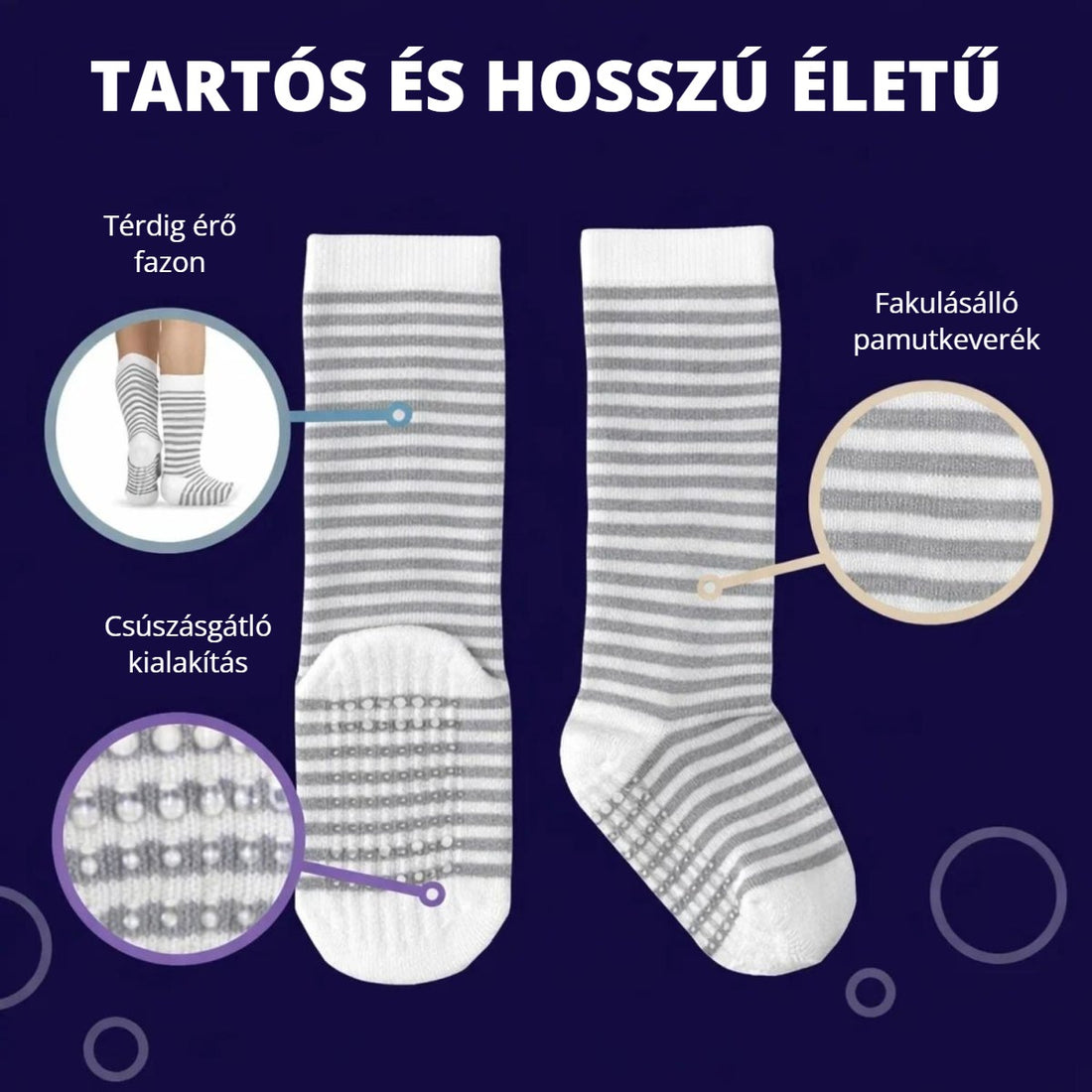 Csúszásgátló gyerek térdzokni – tartós, fakulásálló pamutkeverék