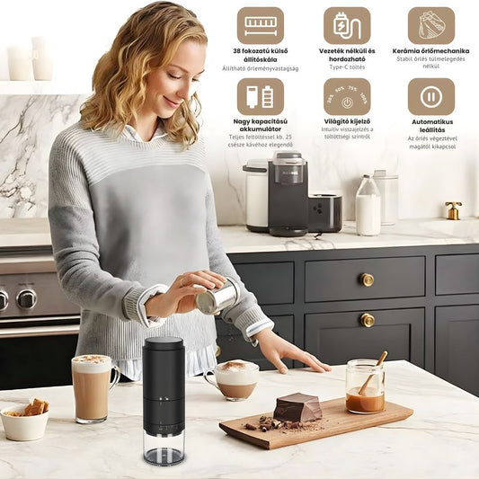 Kompakt Elektromos Kávédaráló – USB-C Tölthető, 38 Őrlési Fokozat, LED Panel