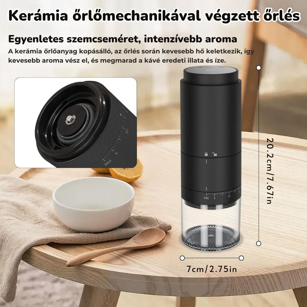 Kávédaráló kúpos kerámia őrlőmechanikája közelről, méretekkel jelölve