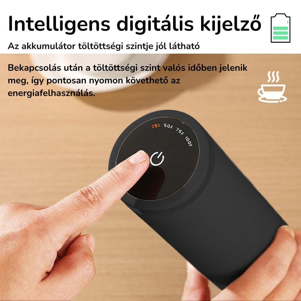 Ujj megnyomja a kávédaráló érintőgombját, LED kijelző a töltöttségi szinttel