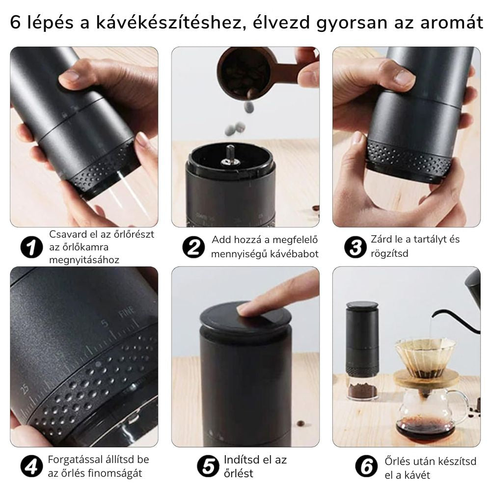 Hordozható kávédaráló használata hat lépésben: töltés, beállítás, őrlés, kiöntés