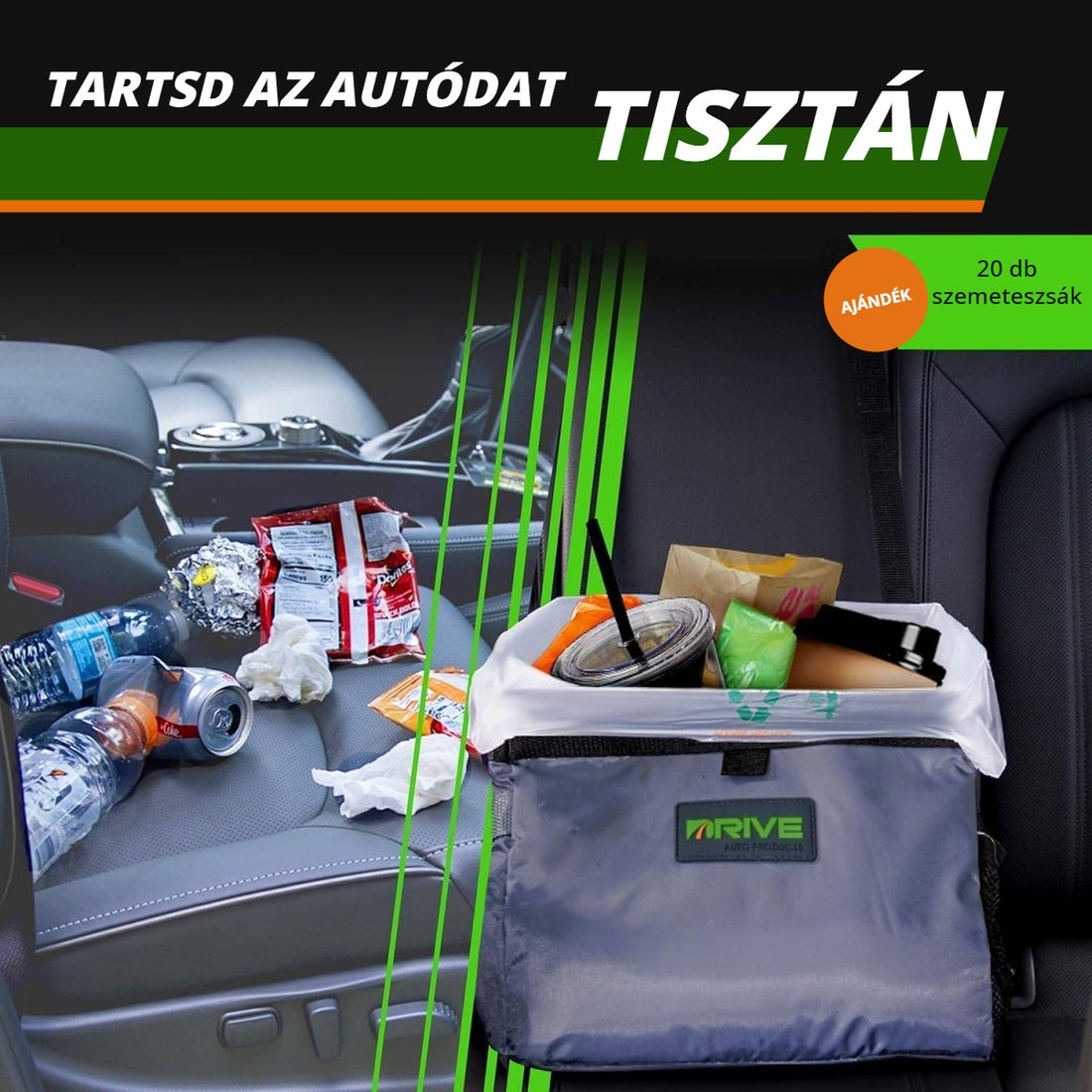 Drive Bin autós szemetes – tartsd tisztán az autódat, ajándék 20 db szemeteszsák