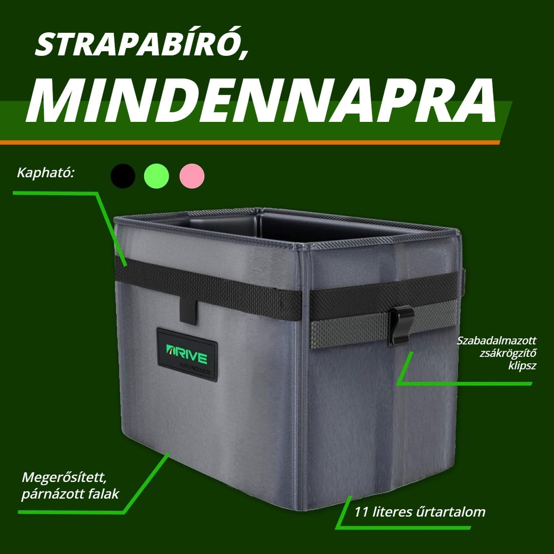 Drive Bin autós szemetes – strapabíró, megerősített párnázott falak, 11 literes