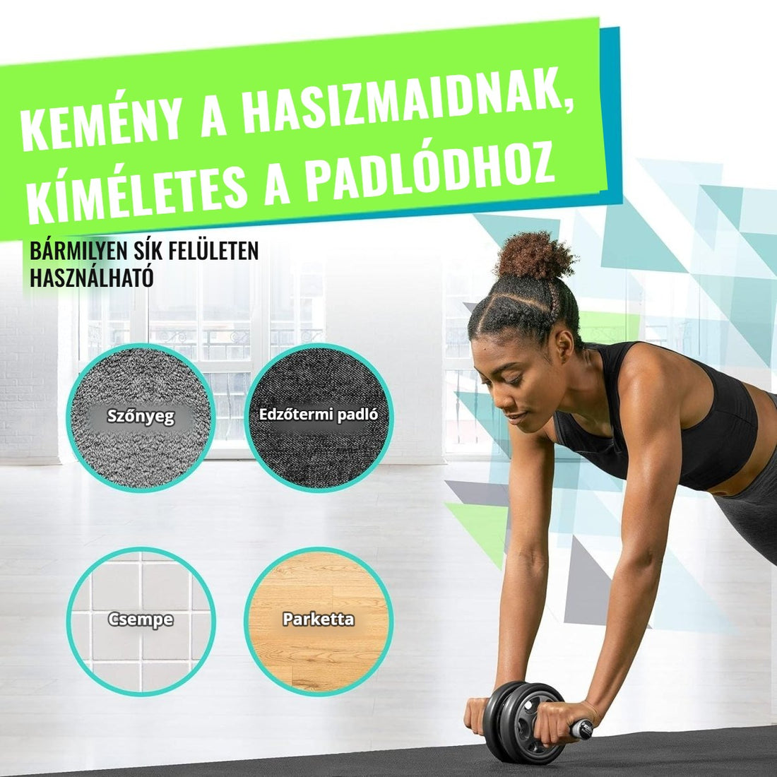 Dupla kerekes hasizom kerék – szőnyegen, edzőtermi padlón, csempén és parkettán is használható