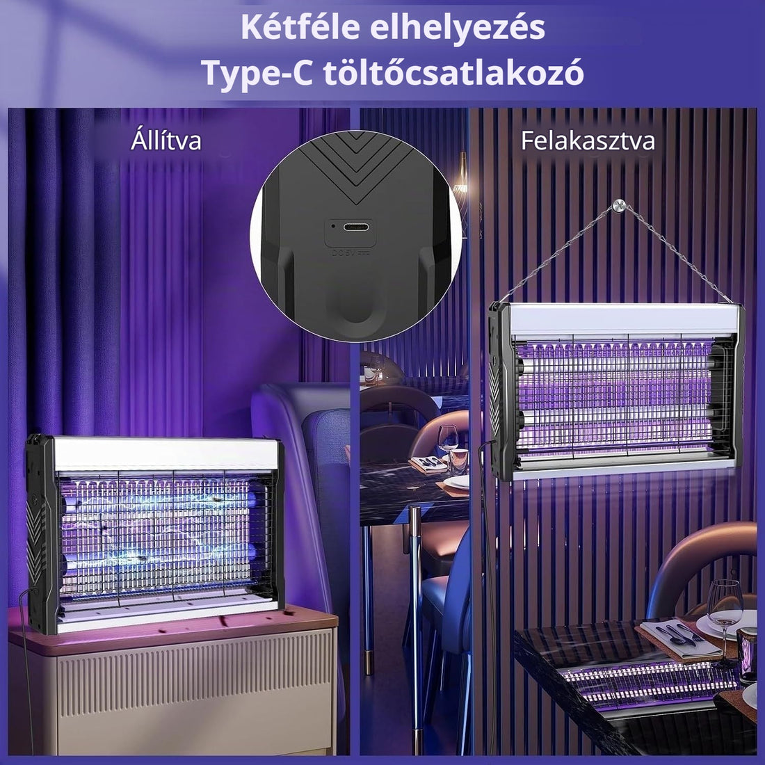 Elektromos szúnyogirtó lámpa – állítva vagy felakasztva, Type-C töltőcsatlakozó