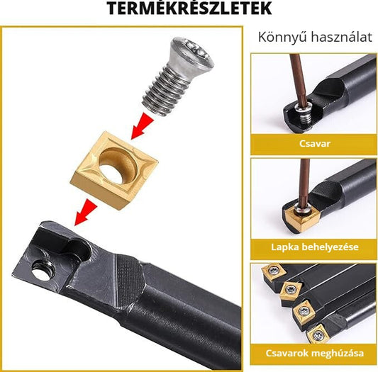 Esztergakés készlet – termékrészletek, lapka behelyezése és csavar meghúzása