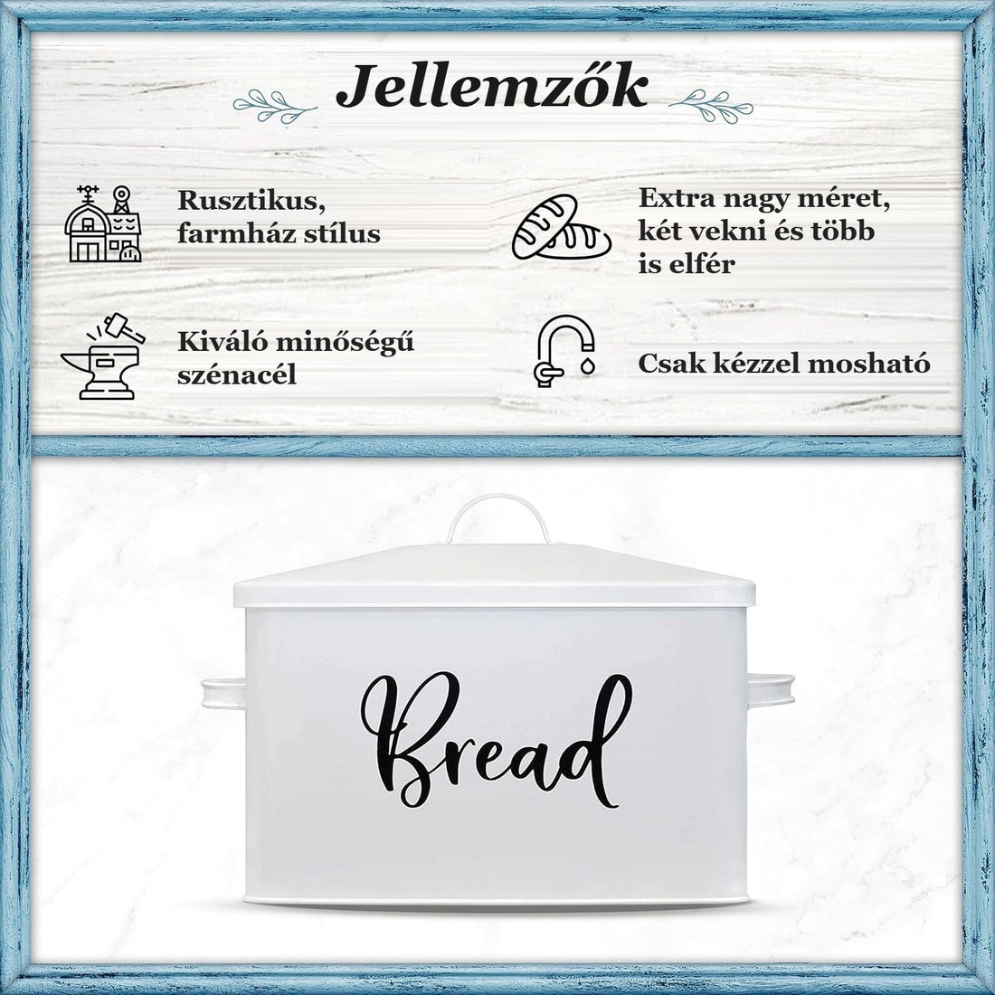 Fém kenyértartó doboz jellemzői – farmház stílus, szénacél, extra nagy méret
