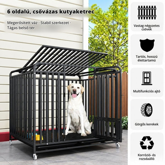 Masszív fém kutyaketrec kerekeken – 6 oldalú csővázas kialakítás