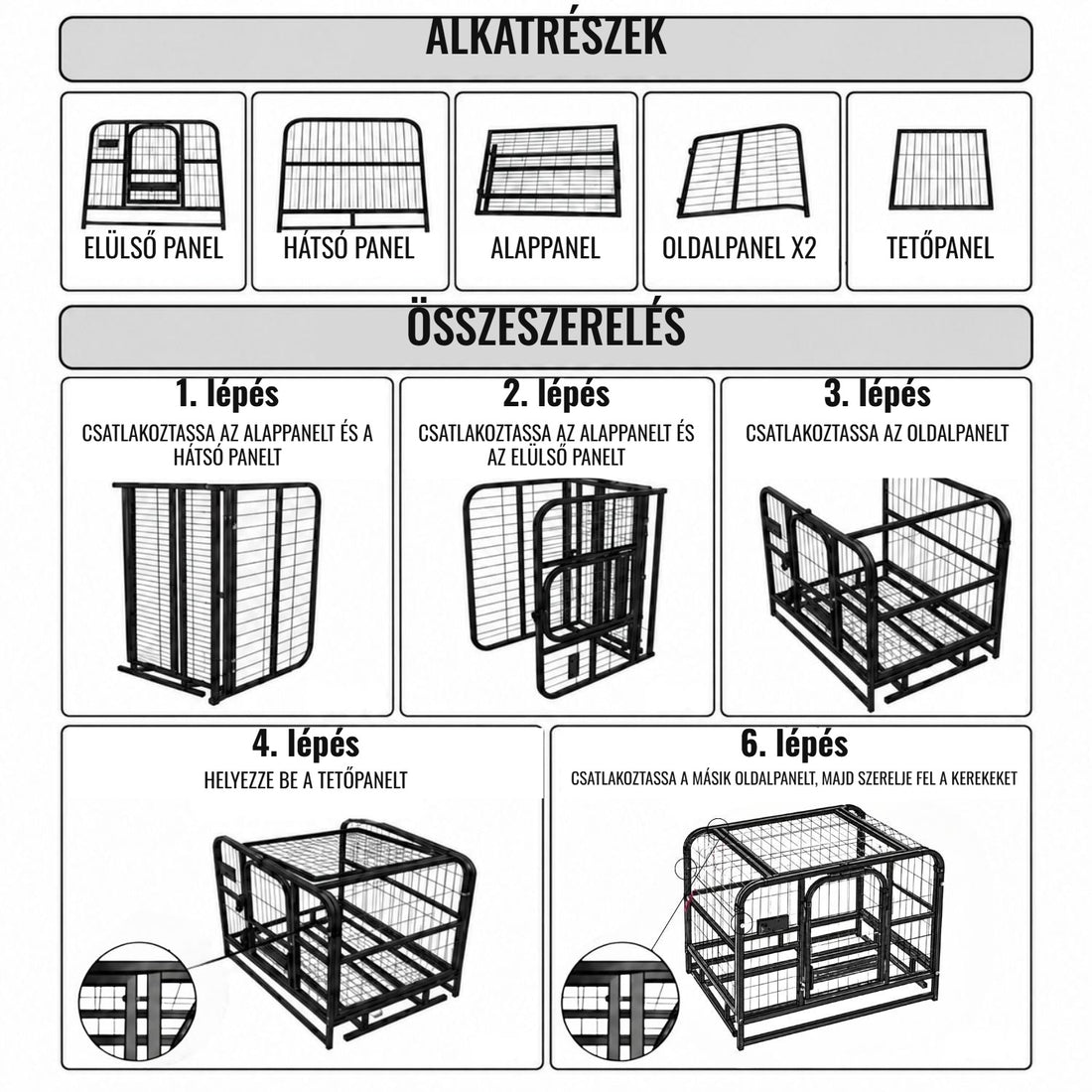 Fém kutyaketrec – alkatrészek és összeszerelési útmutató