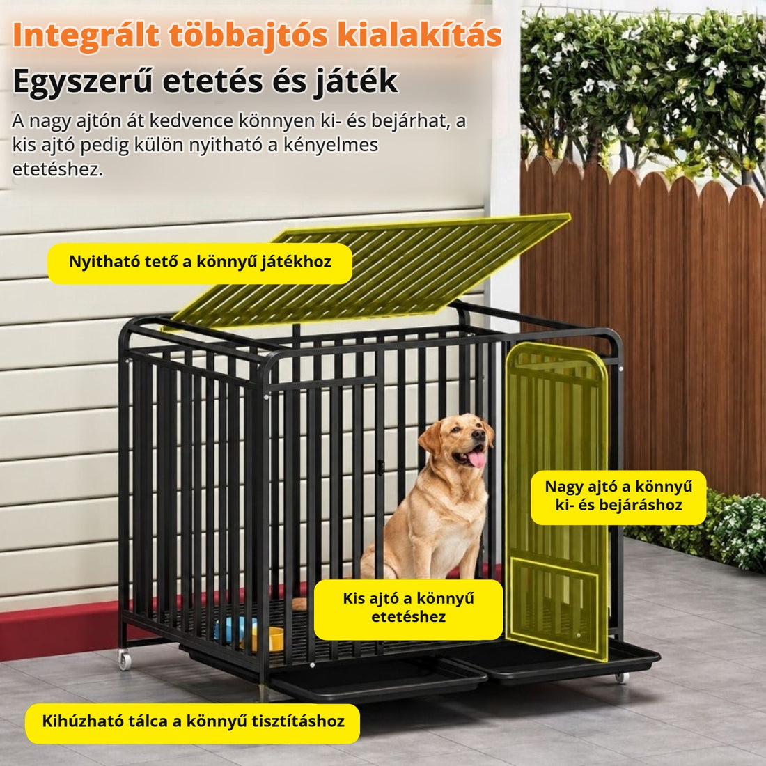 Fém kutyaketrec – többajtós kialakítás, nyitható tető, kihúzható tálca