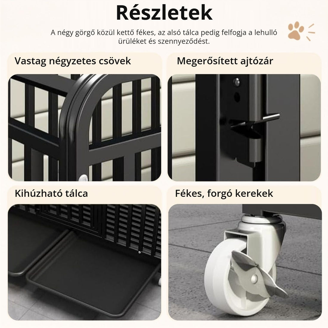 Fém kutyaketrec – részletek: ajtózár, tálca, fékes kerekek