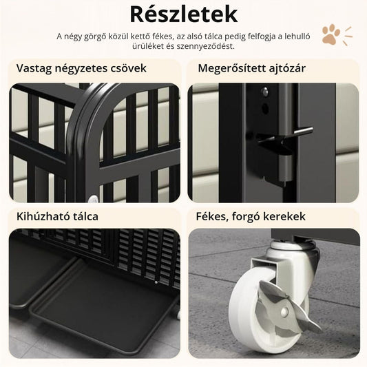 Fém kutyaketrec – részletek: ajtózár, tálca, fékes kerekek