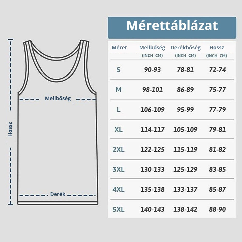 Férfi pamut atléta mérettáblázat – mellbőség, derékbőség, hossz