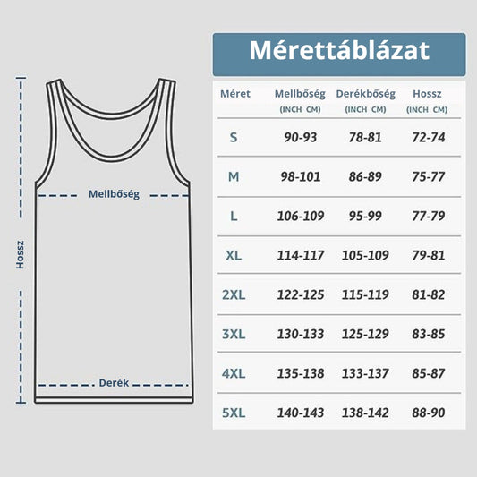 Férfi pamut atléta mérettáblázat – mellbőség, derékbőség, hossz