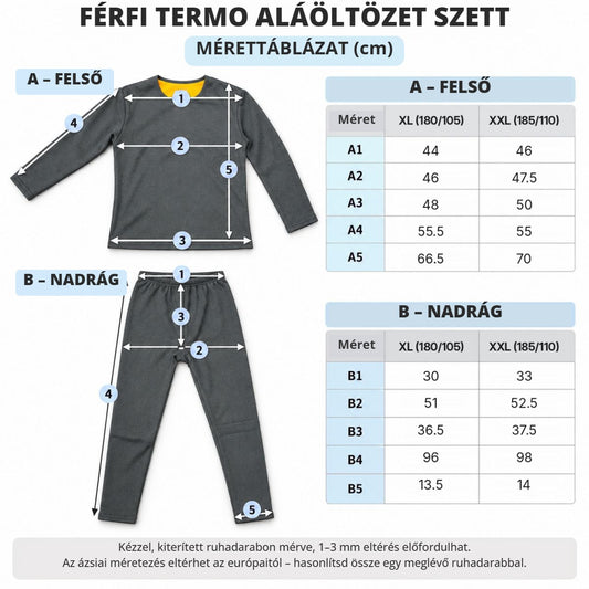 Férfi termo aláöltözet szett mérettáblázata cm-ben: felső és jégeralsó XL és XXL méretben