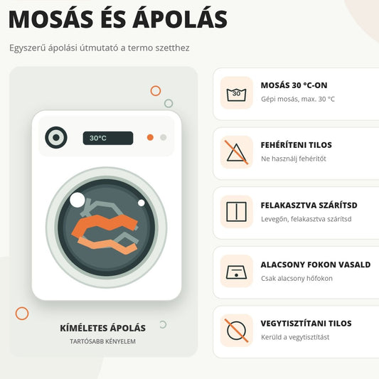 Férfi termo aláöltözet mosási útmutató: mosás 30 °C-on, fehéríteni és vegytisztítani tilos