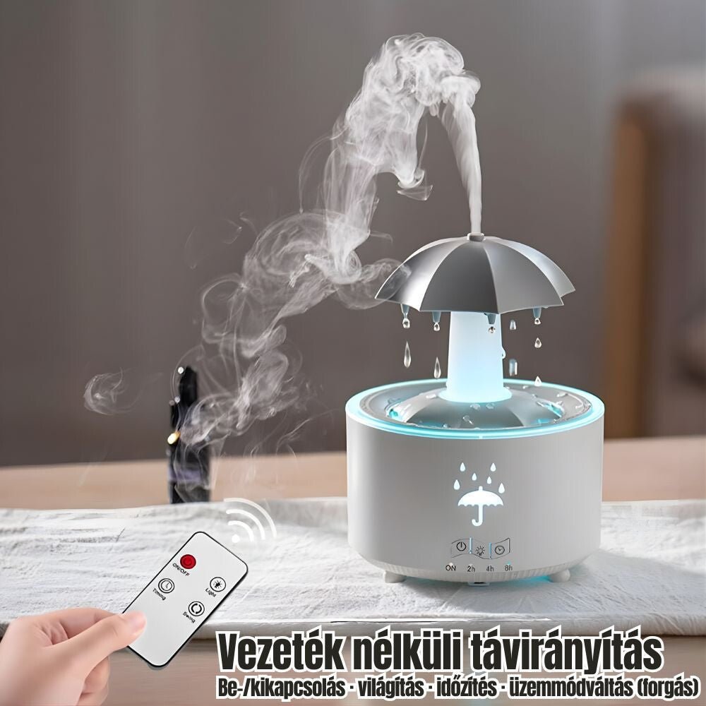 Aromadiffúzór vezeték nélküli távirányítóval kezelve, párásítás és világítás közben