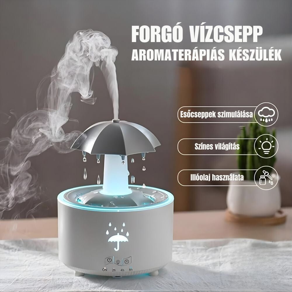 Forgó vízcsepp aromadiffúzór párával, ikonokkal az esőcsepp, színes fény és párásítás funkcióhoz