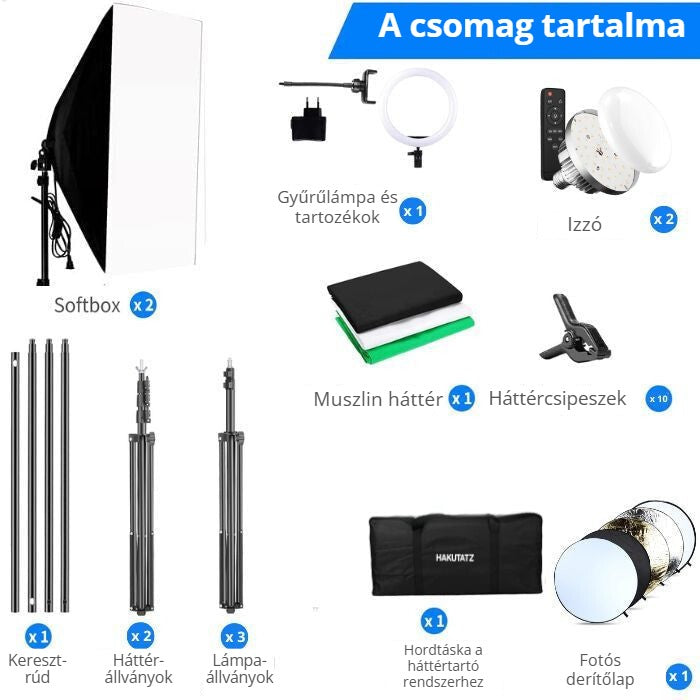 Fotóstúdió szett gyűrűlámpával – a csomag tartalma