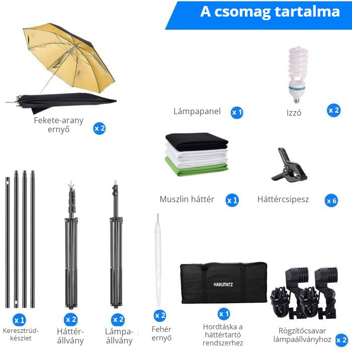 Fotóstúdió szett ernyős világítással – a csomag tartalma