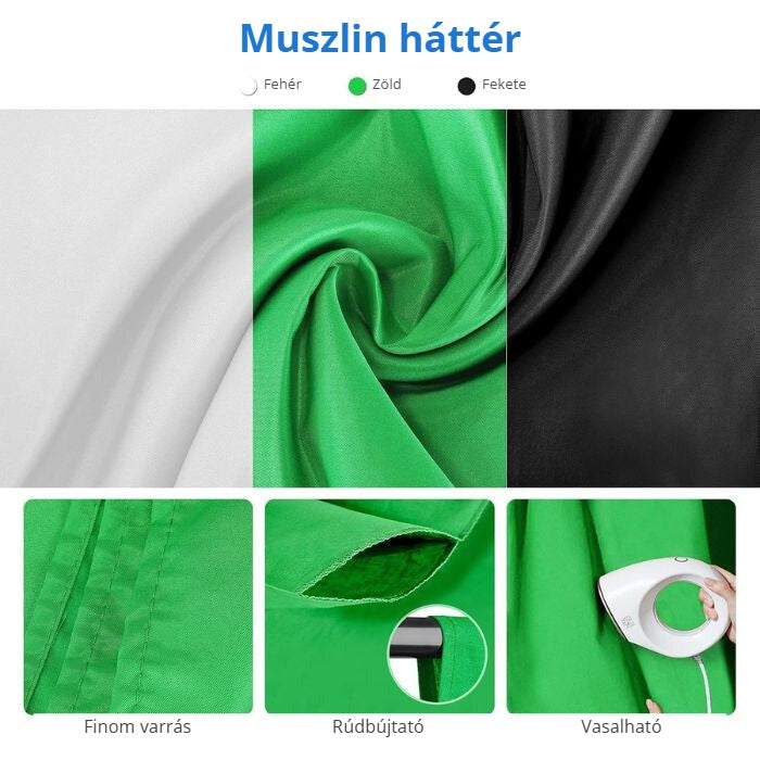 Fotóstúdió világítás szett – muszlin háttér fehér, zöld, fekete