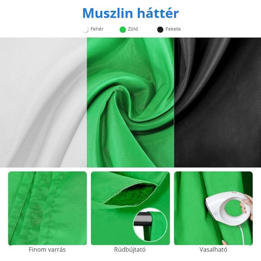 Fotóstúdió világítás szett – muszlin háttér fehér, zöld, fekete