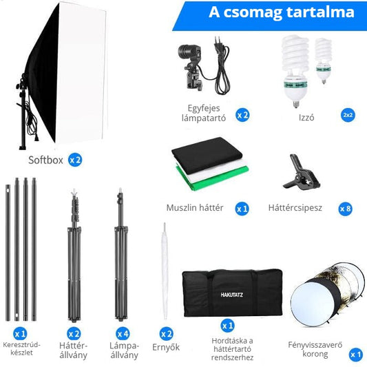 Fotóstúdió szett softbox világítással – a csomag tartalma