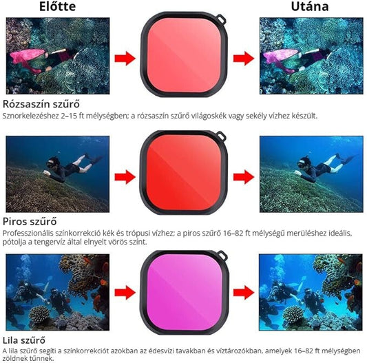 GoPro Hero 8 víz alatti színszűrő szett – rózsaszín, piros, lila szűrő előtte-utána