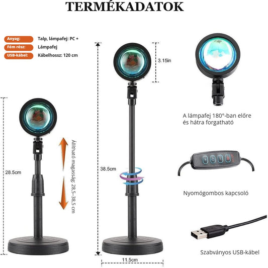 GTTFAE naplemente projektor lámpa termékadatai és méretei