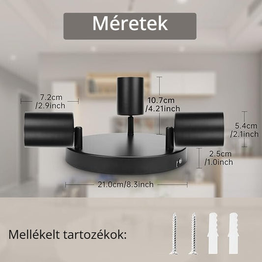 3 irányú GU10 spotlámpa méretei és mellékelt tartozékok