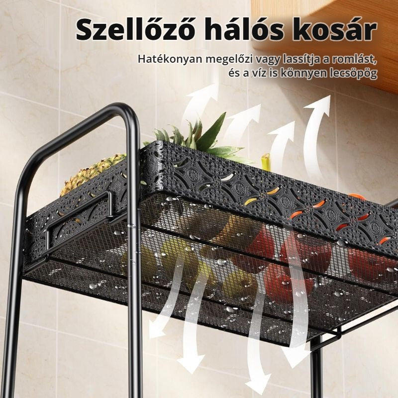 3 szintes gurulós tárolókocsi szellőző hálós kosárral