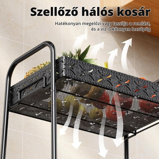 3 szintes gurulós tárolókocsi szellőző hálós kosárral