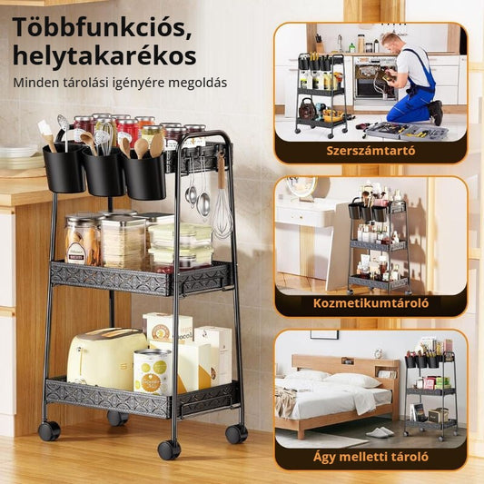 Többfunkciós, helytakarékos gurulós tárolókocsi konyhába, fürdőbe, hálószobába