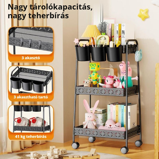 Gurulós tárolókocsi – nagy tárolókapacitás, akasztók és tartók