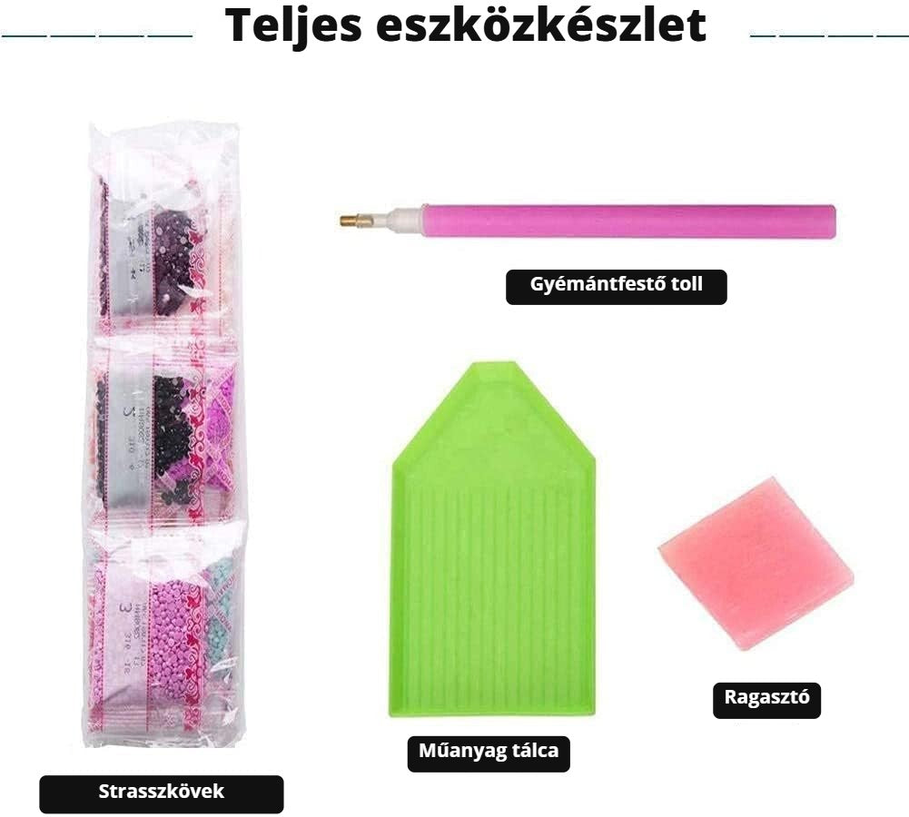Gyémántfestő készlet – teljes eszközkészlet: toll, tálca, ragasztó, strasszkövek
