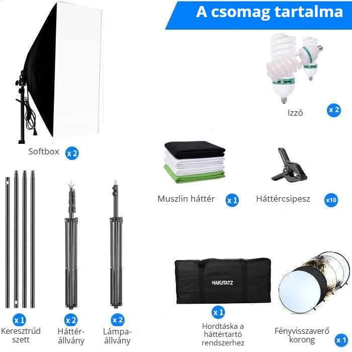 Hakutatz fotóstúdió világítás szett – a csomag tartalma
