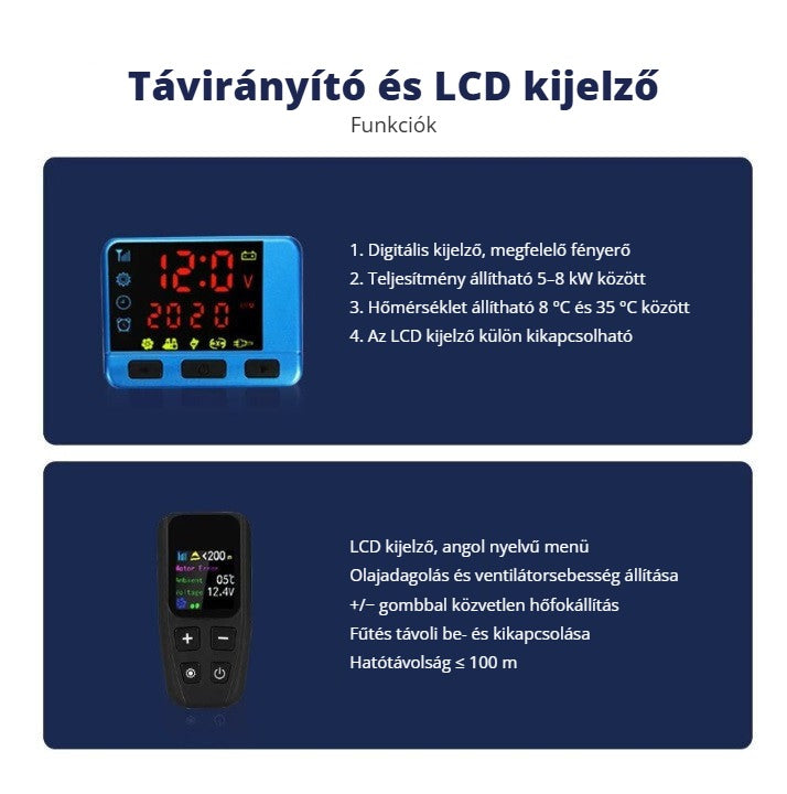 Hcalory LCD vezérlő dízel állófűtéshez – távirányító és kijelző funkciói